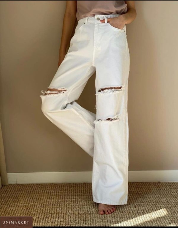 Замовити онлайн білі джинси палаццо з необробленими дірками для жінок