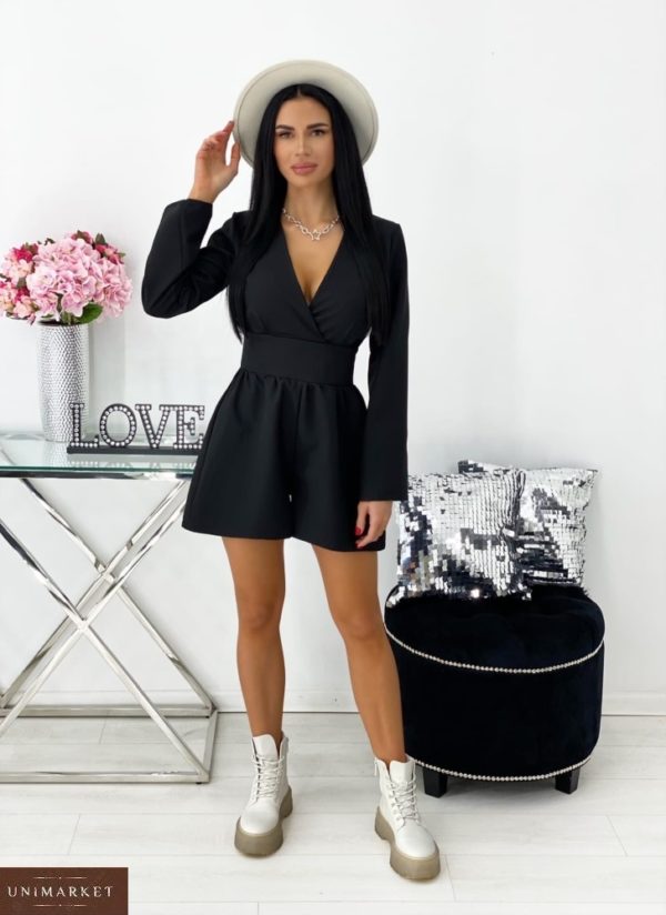 Приобрести черного цвета женский комбинезон с шортами и длинным рукавом (размер 42-48) на распродаже