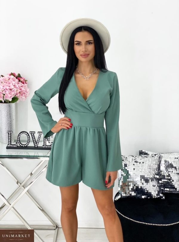 Купить комбинезон женский с шортами и длинным рукавом (размер 42-48) оливкового цвета в Украине