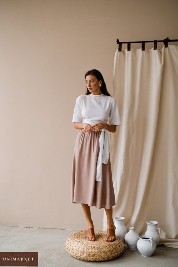 Купить онлайн женский бежевый костюм: юбка миди с двусторонней блузой (размер 42-48) в Украине