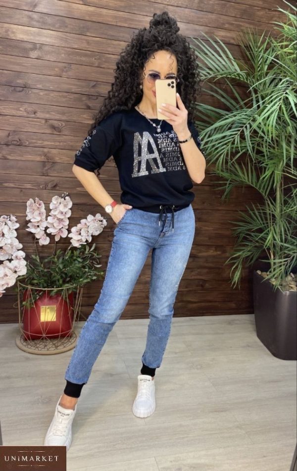 Придбати чорного кольору жіночий джинсовий костюм з футболкою (розмір 42-48) онлайн