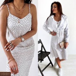 Замовити жіночий білий костюм двійка: плаття в горошок і сорочка (розмір 42-48) онлайн