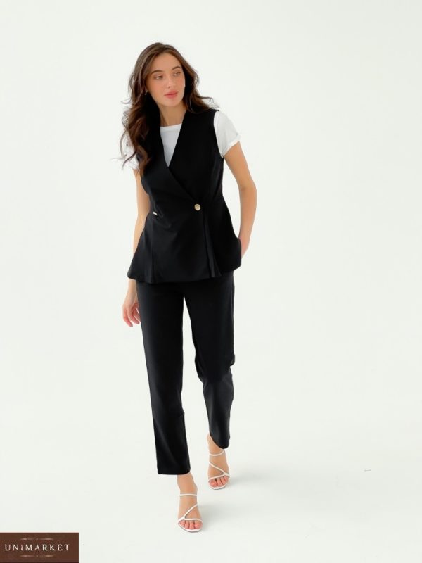 Купити онлайн чорний брючний костюм з двобортною жилеткою (розмір 42-48) для жінок