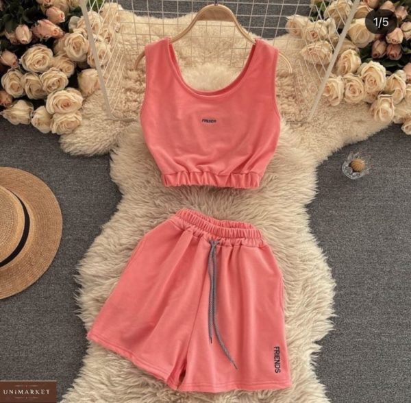 Замовити персиковий жіночий костюм трикотажний: топ + шортики онлайн