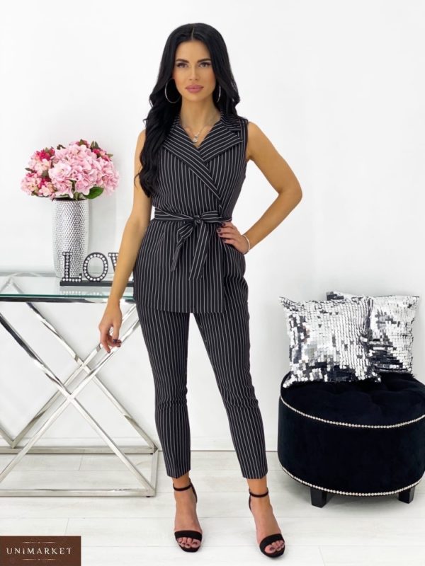 Купити чорного кольору онлайн костюм в смужку: жилетка + штани (розмір 42-48) для жінок