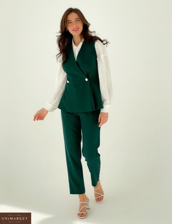 Купити в інтернеті жіночий брючний костюм з двобортною жилеткою (розмір 42-48) зелений