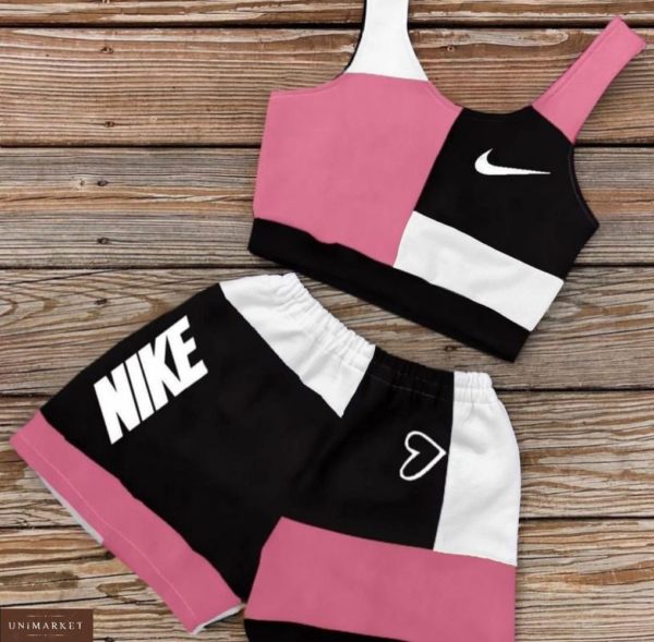 Замовити недорого жіночий літній спортивний костюм: топ + шорти рожевого кольору