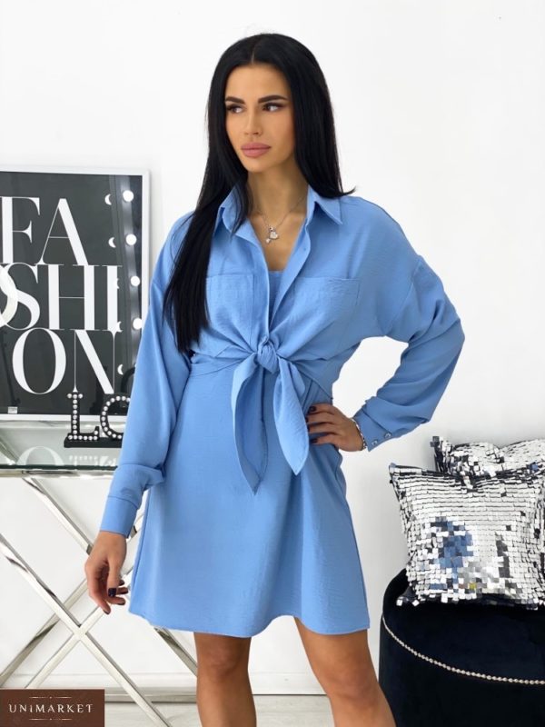 Приобрести голубого цвета Костюм: платье+рубашка женский (размер 42-48) выгодно