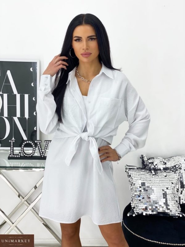 Заказать на лето женский Костюм: платье+рубашка (размер 42-48) белого цвета по скидке