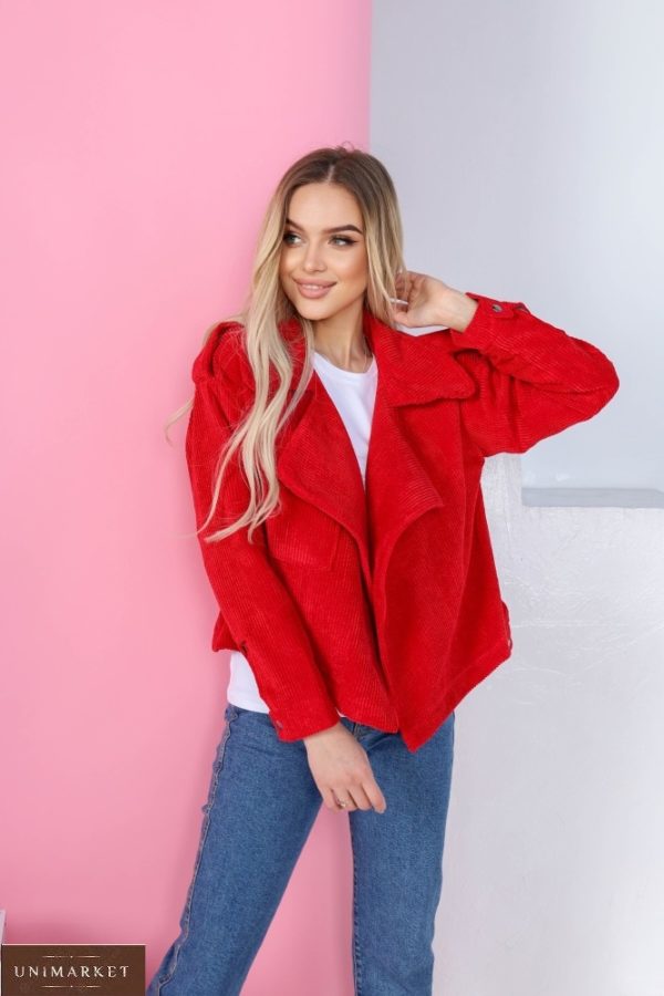 Замовити червоного кольору жіночу весняну куртку з вельвету недорого