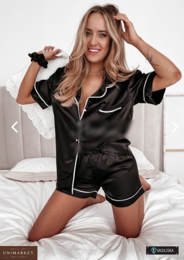 Купити чорного кольору жіночу піжаму з шортами з атласу (розмір 40-54) онлайн