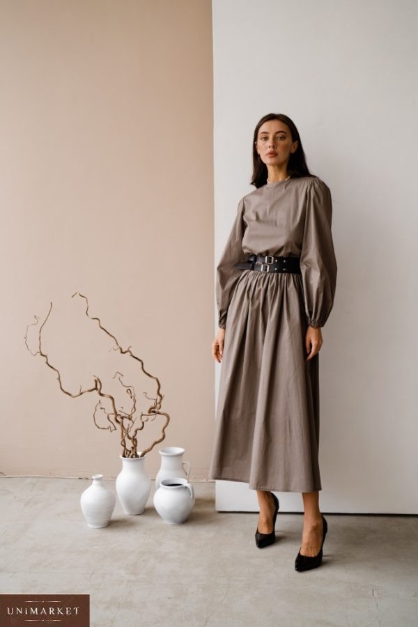 Приобрести серого цвета женское закрытое платье из коттона с длинным рукавом (размер 42-48) в интернете