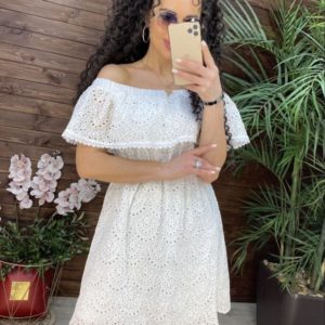 Купить белое платье для женщин из прошвы с вышивкой с открытыми плечами (размер 42-48) недорого
