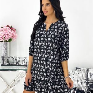 Замовити недорого жіноче вільне плаття в квітковий принт з рукавом 3/4 (розмір 42-48) чорного кольору