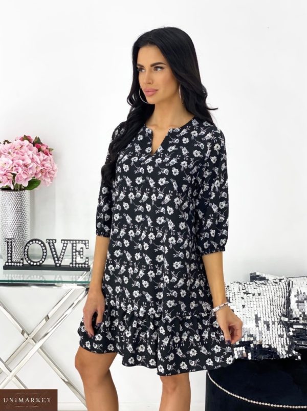 Заказать недорого женское свободное платье в цветочный принт с рукавом 3/4 (размер 42-48) черного цвета
