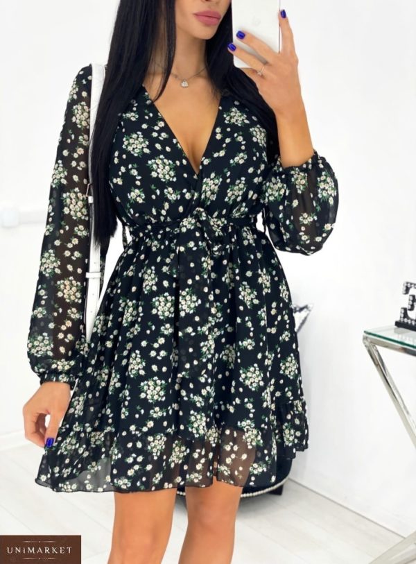 Заказать онлайн черное шифоновое платье в цветочный принт с декольте (размер 42-48) для женщин