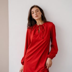 Придбати червоне жіноче плаття міні з довгим рукавом з зав'язкою (розмір 42-48) в інтернеті
