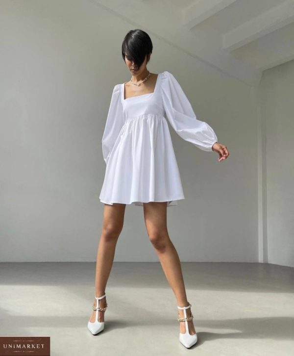 Купить летнее белое хлопковое платье с длинным рукавом для женщин онлайн