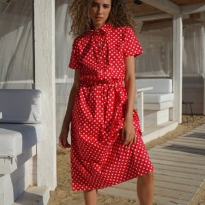 Приобрести красное женское платье-рубашка из хлопка в горошек (размер 42-52) в Украине