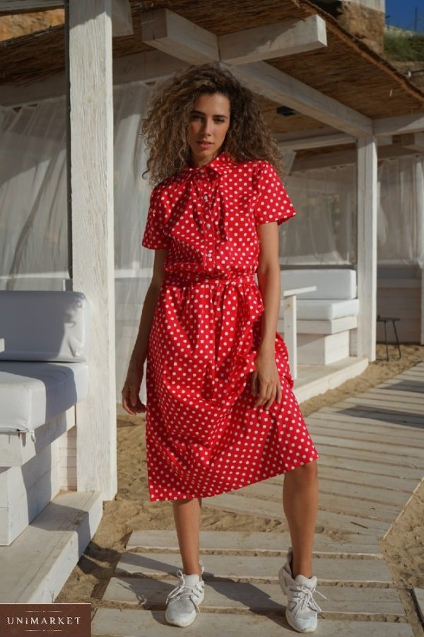 Приобрести красное женское платье-рубашка из хлопка в горошек (размер 42-52) в Украине