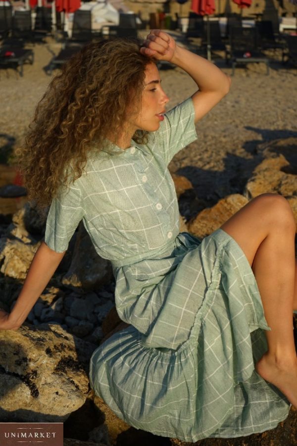 Замовити в інтернеті жіноче плаття-сорочка в клітку з бавовни (розмір 42-54) кольору оливка