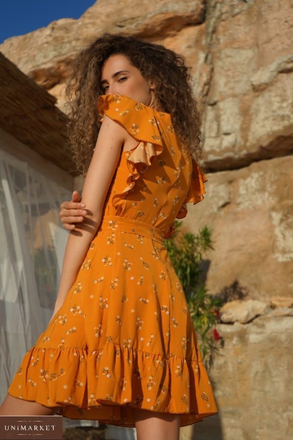 Замовити по знижці жіноче літнє плаття з рюшами на рукавах (розмір 42-52) кольору гірчиця