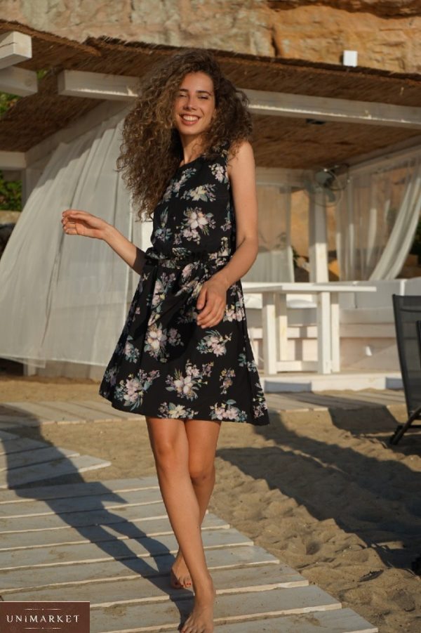 Замовити в інтернеті чорне літнє плаття міні з поясом (розмір 42-52) для жінок