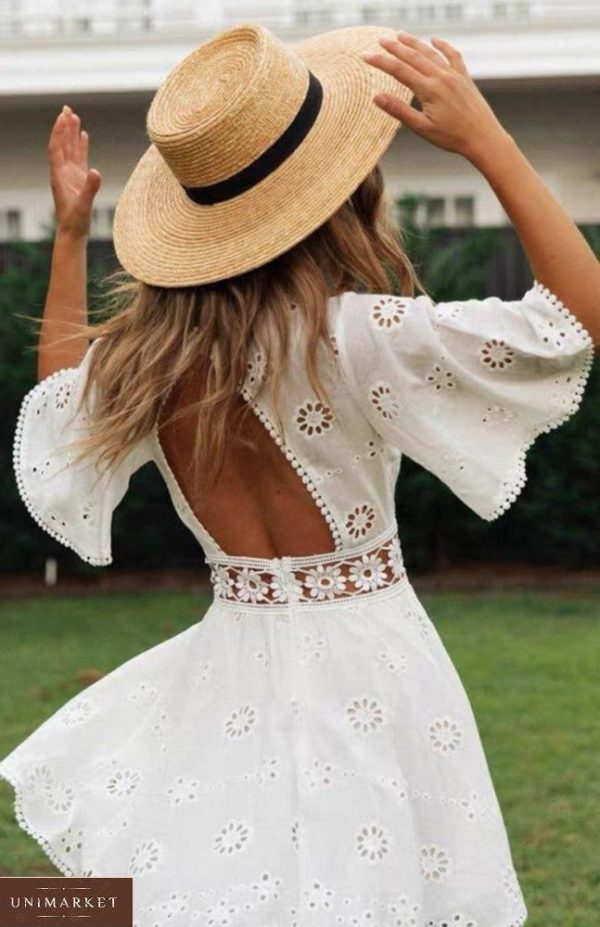 Купити біле плаття для жінок з прошви з відкритою спиною в Україні