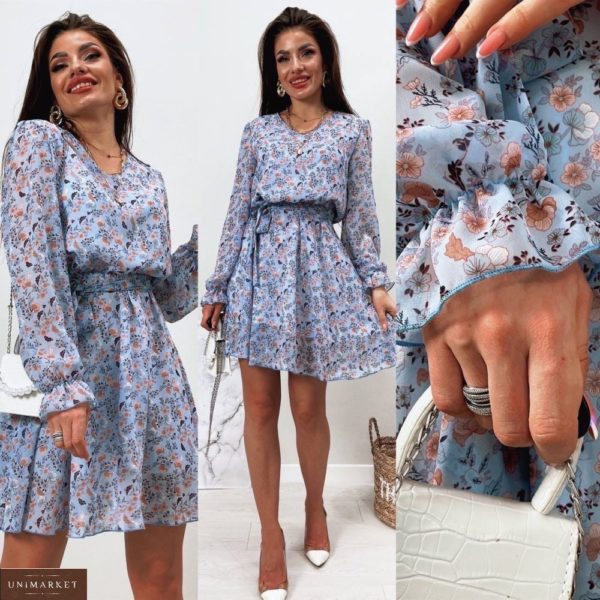 Купить голубое женское шифоновое платье с цветочным принтом (размер 42-48) онлайн