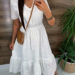 Купить белое платье миди для женщин из прошвы с коротким рукавом недорого