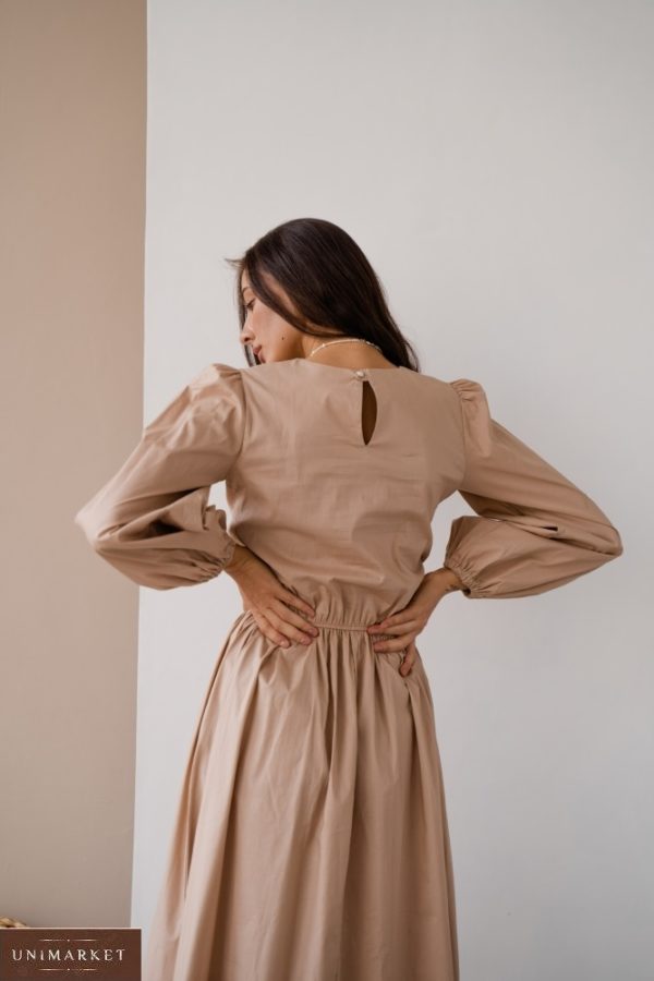 Купить бежевое закрытое женское платье из коттона с длинным рукавом (размер 42-48) недорого