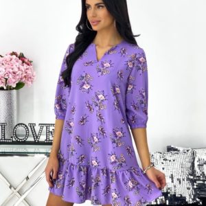 Купити онлайн фіолетове жіноче вільне плаття в квітковий принт з рукавом 3/4 (розмір 42-48)