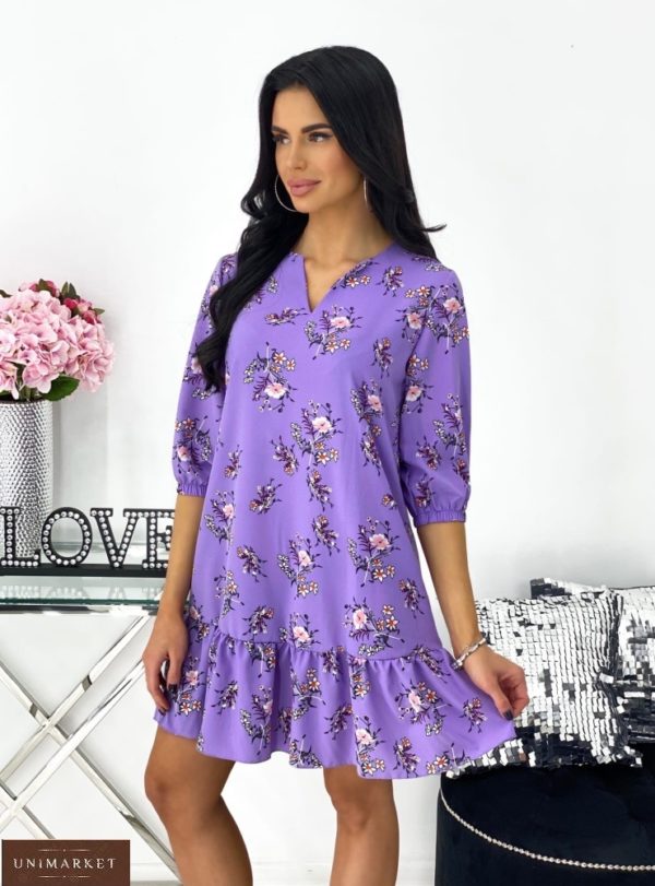 Купить онлайн фиолетовое женское свободное платье в цветочный принт с рукавом 3/4 (размер 42-48)