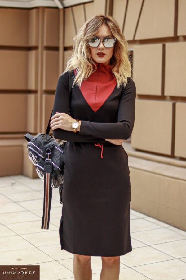 Придбати кольору Марсал чорну закриту сукню з кольоровим коміром в інтернеті для жінок