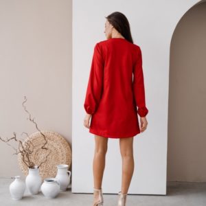 Купити на розпродажі жіночу сукню міні з довгим рукавом з зав'язкою (розмір 42-48) червоного кольору