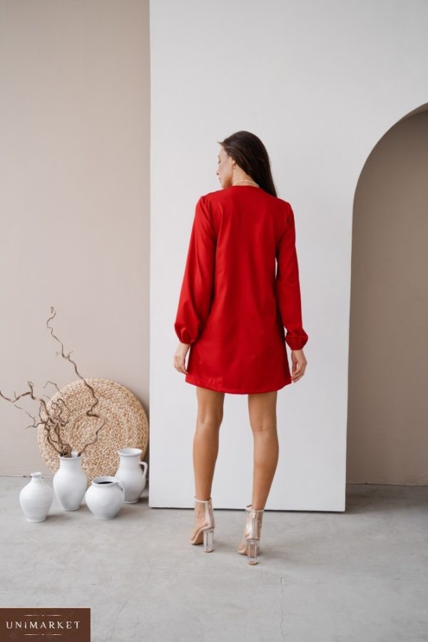 Купити на розпродажі жіночу сукню міні з довгим рукавом з зав'язкою (розмір 42-48) червоного кольору