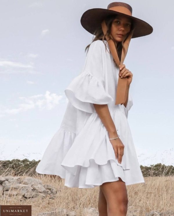 Замовити по знижці біле плаття-сорочка оверсайз з рюшами для жінок