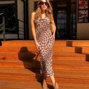Заказать недорого женское леопардовое платье на бретельках коричневое