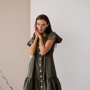 Купити жіночу сукню-сорочка з тонкого котону кольору хакі по знижці