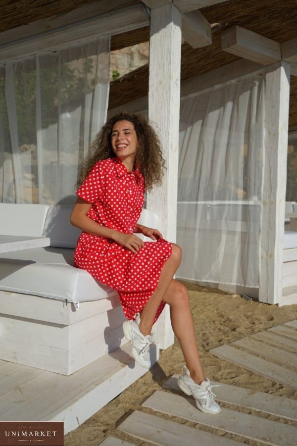 Заказать по скидке красное Платье-рубашка из хлопка в горошек (размер 42-52) для женщин