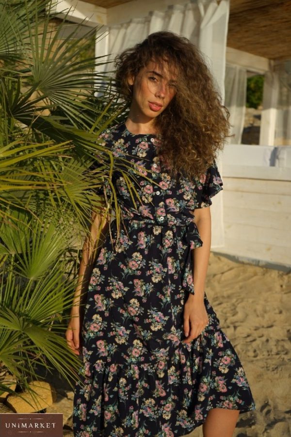 Замовити в Україні квіткове плаття міді з коротким рукавом чорне для жінок (розмір 42-52) онлайн