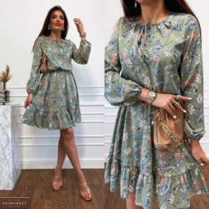 Купити фісташка жіноче плаття в квітковий принт з довгим рукавом (розмір 42-48) онлайн