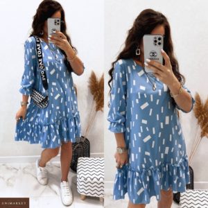 Придбати блакитне жіноче плаття з оригінальним принтом (розмір 42-48) недорого