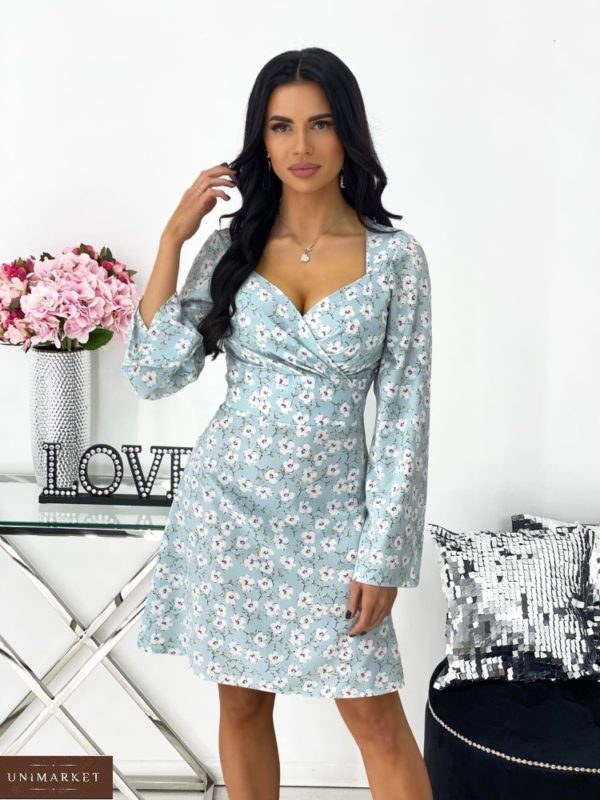 Приобрести выгодно голубого цвета цветочное платье мини с длинным рукавом (размер 42-48) для женщин