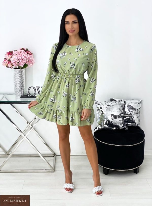Придбати кольору оливка квіткове плаття для жінок з рюшами і довгим рукавом (розмір 42-48) в Україні