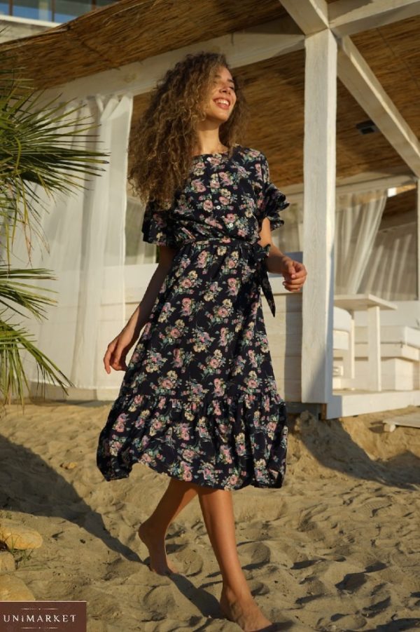 Приобрести женское выгодно цветочное платье миди с коротким рукавом (размер 42-52) черного цвета