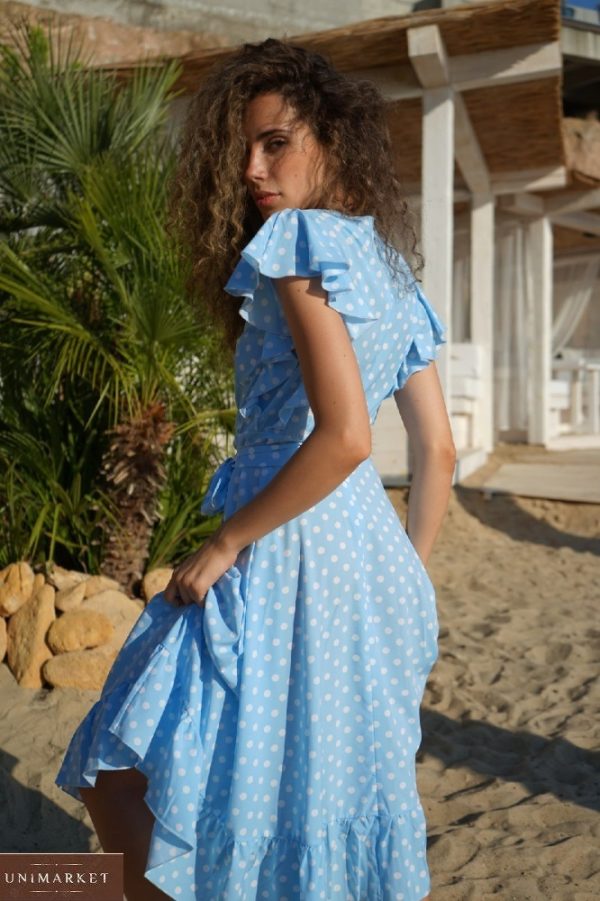 Приобрести голубое женское платье в горошек с рюшами (размер 42-54) в интернете