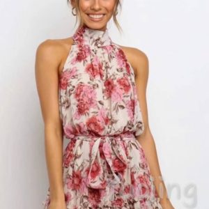Заказать розовое женское платье мини под шею из шелка онлайн