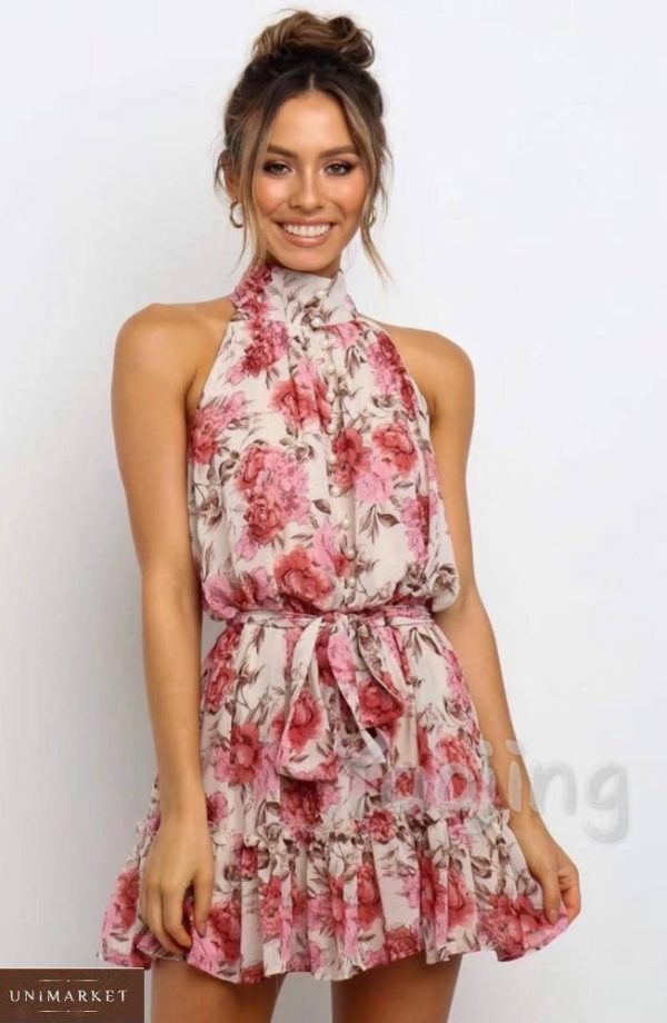 Заказать розовое женское платье мини под шею из шелка онлайн