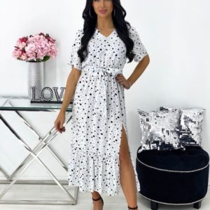 Заказать онлайн женское платье миди из штапеля в горох (размер 42-48) белого цвета
